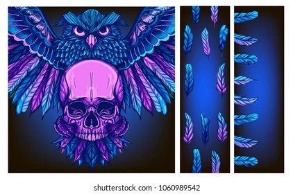 Set of cards with owl, feathers and skull. Vector illustration isolated on purple background