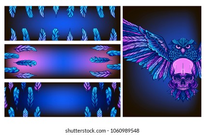 Set of cards with owl, feathers and skull. Vector illustration isolated on purple background