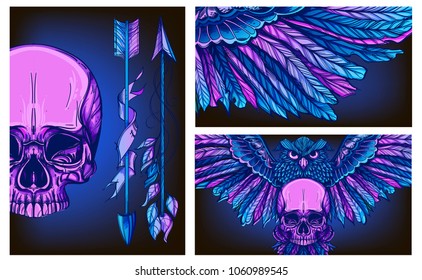 Set of cards with owl, skull, feathers and arrows. Vector illustration isolated on purple background