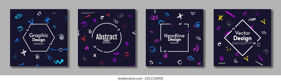 Set of cards. Paint bush and splash shapes. Dark backdrop. Vector illustration. Design for card, poster, postcard, invitation.