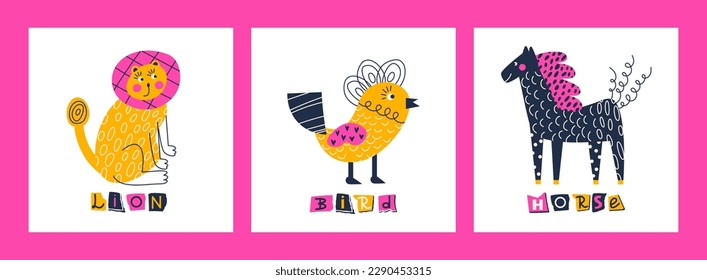 Set of cards with paper cut abstract a lion, a horse, a bird. Animal collection of childish collages from different shapes with textures. Vector flat illustration for design of greeting and event card