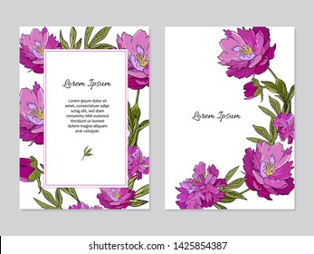 Set of cards with peony flowers. Wedding ornament concept. 