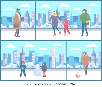 Set of cards with people dressed in outerwear doing outdoor activities with kid and pets in winter park. Family walk of parents with children in park with snow. Man and woman on snowy city street