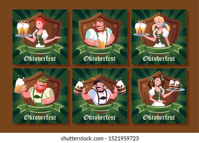 set of cards of people dressed with traditional German costume vector illustration design