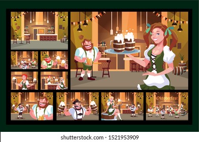 set of cards with people drinking beer in bar Oktoberfest celebration vector illustration design