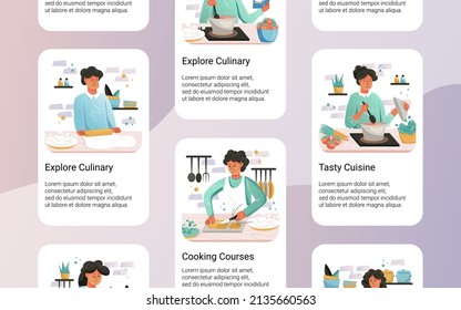 Set Of Cards With People Preparing Food. Vector Cartoon Illustration Of Men And Women Cooking Dishes. Kitchen Utensils, Cozy Atmosphere.