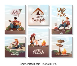 Set of cards with people sitting in the campsie in nature. Summertime camping, traveling, trip, hiking, camper, nature, journey concept. Vector illustration for poster, banner, postcard, cover, card.