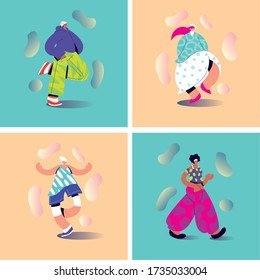 set of cards with people standing in different poses vector illustration design