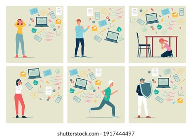 Set of cards with people suffering of information stress and disturbing news, flat vector illustration. Banners collection on topic of information overload.