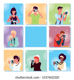 set of cards with people taking a photo vector illustration design