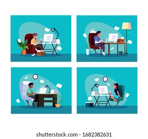 set of cards people working from her home vector illustration design