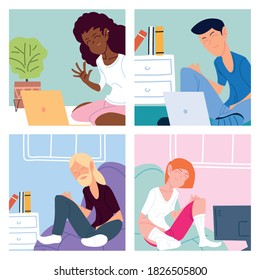 conjunto de tarjetas con personas que trabajan desde el diseño de ilustraciones de homevector