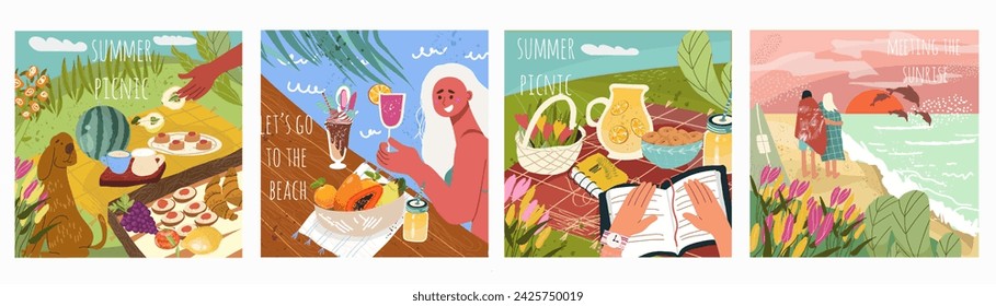 Set of cards for picnic Food, snacks, relaxation, travel to the sea, drinks on a blanket, outdoors during summer holidays, weekends. Vacation mood. Flat hand drawing vector illustration.