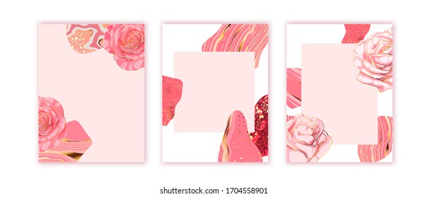 Conjunto de cartas con rosas rosas rosas rosas y formas abstractas sobre fondo blanco. Texturas de piedra de mármol. Elegante invitación chic, tarjeta, portada, plantilla de folleto. Diseño moderno. 