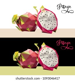 Set of cards with pitaya in low poly style. Exotic fruit in polygonal style. Print design.