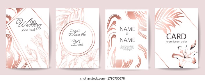 Set of cards with place for text. Save the date. Tropical flowers. White and rose gold colors. Vector