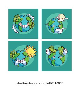set of cards of planet earth smiling kawaii vector illustration design
