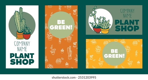 Set of cards for plant shop or flower market, vector illustration