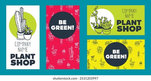 Set of cards for plant shop or flower market, vector illustration