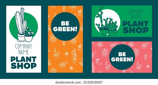 Set of cards for plant shop or flower market, vector illustration