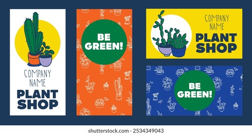 Set of cards for plant shop or flower market, vector illustration