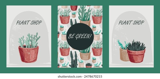 Set of cards for plant shop, sketch style vector illustration