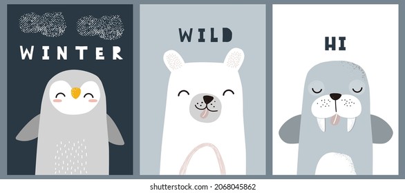 Set of cards with polar animals. Childish monochrome graphic. Vector hand drawn illustration.