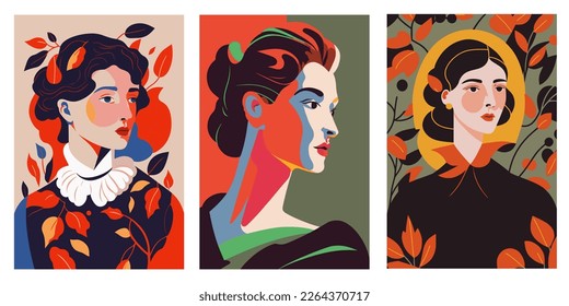 set of cards with portraits of beautiful women in retro style flat vector illustration