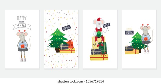 Set of cards, postcards, flyers, brochures for Happy new year of the rat 2020 with mouse. Funny vector illustration in a flat style.