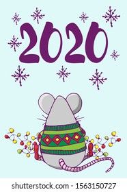 Set of cards, postcards, flyers, brochures for Happy new year of the rat 2020 with mouse. Funny vector illustration in a flat style.