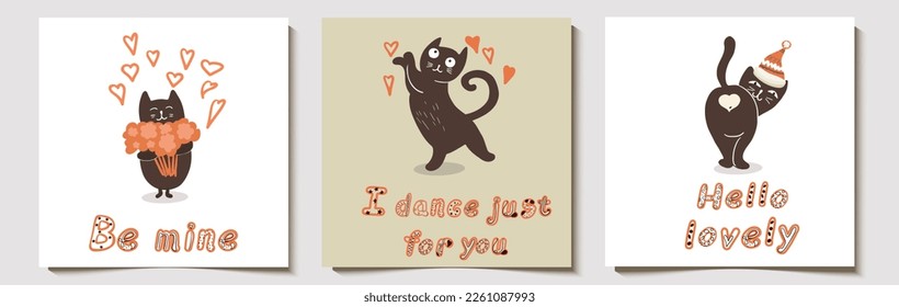 Set of cards, postcards, for valentine's day, funny vector fat funny cats, cartoon character, with hand drawn lettering.