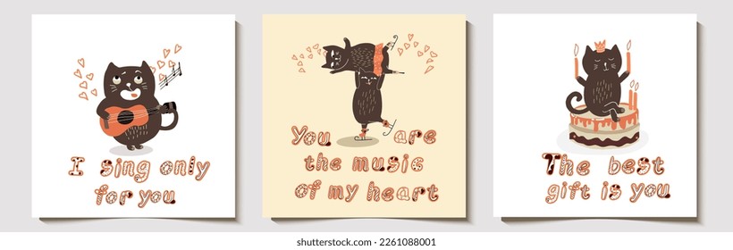 Set of cards, postcards, for valentine's day, funny vector fat funny cats, cartoon character, with hand drawn lettering.