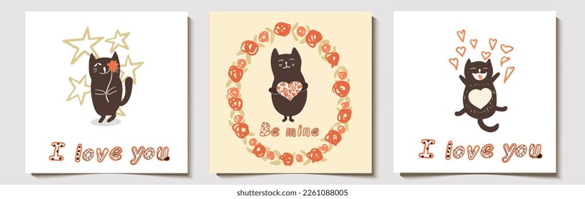 Juego de cartas, postales, para el día de San Valentín, divertidos gatos graciosos de grasa vectorial, personaje de caricatura, con letras dibujadas a mano.