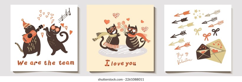 Set of cards, postcards, for valentine's day, funny vector fat funny cats, cartoon character, with hand drawn lettering.