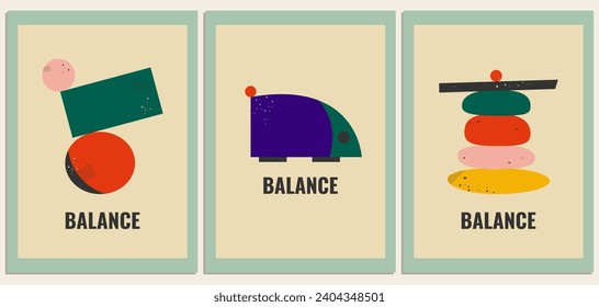 Un conjunto de tarjetas, afiche, impresión "Balance" o Armonía con formas geométricas abstractas y coloridas. Ilustración vectorial en estilo retro minimalista moderno.