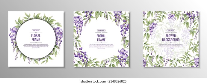 Set of cards, posters, banners with purple wisteria. Wedding invitation. Delicate purple flowers