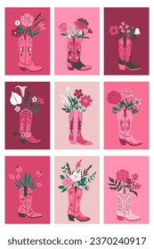 Set of cards or posters with bouquets of flowers in cowboy boots. Vector graphics.