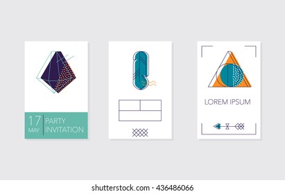 Set of cards and posters with crystals, feather and geometric outline shapes.
Trendy hipster logotypes. Polygonal icons.