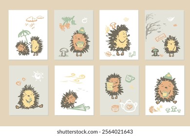 Set of cards or posters with cute animals. Doodle wild animals in scandinavian style. Collection of hand drawn banners with hedgehogs in various poses. Cute and funny hedgehog. Vector illustration