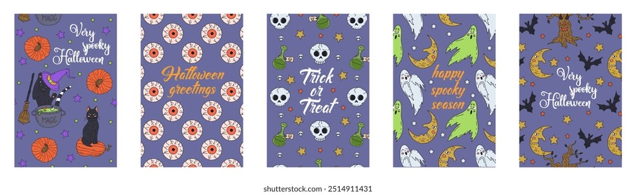 Set of Cards or posters with cute hand drawn Halloween illustrations and greeting text.