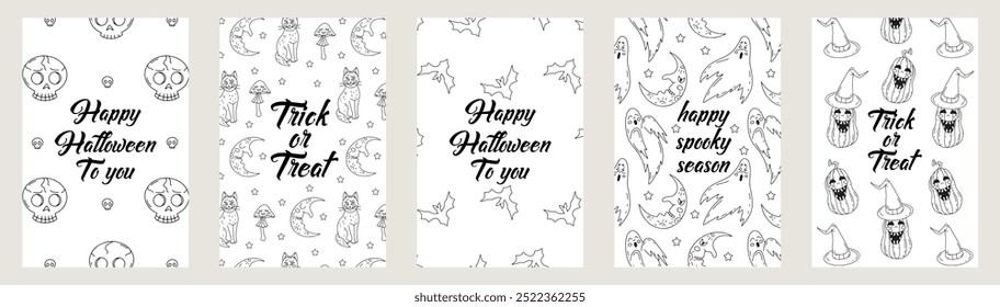 Set of Cards or posters with cute hand drawn Halloween illustrations and greeting text.