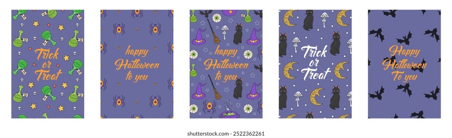 Set of Cards or posters with cute hand drawn Halloween illustrations and greeting text.