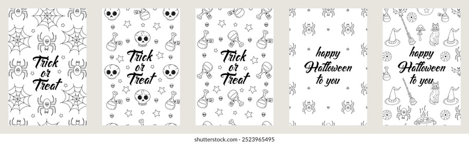 Set of Cards or posters with cute hand drawn Halloween illustrations and greeting text.