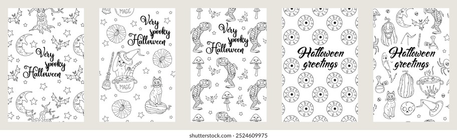 Conjunto de Cartas ou cartazes com ilustrações de Halloween desenhadas à mão bonito e texto de saudação.