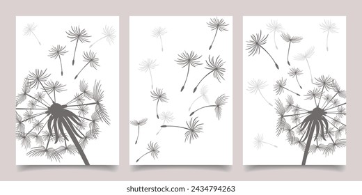 Juego de cartas, carteles con dientes de león. Las semillas de diente de león negro vuelan con el viento. Colección de tarjetas de naturaleza. Vector