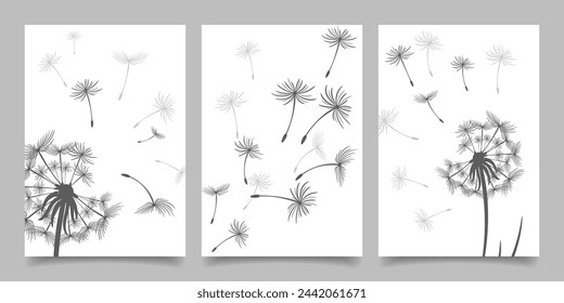 Set of cards, posters with dandelions. Black dandelion seeds fly in the wind. Collection of nature cards. Vector