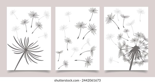 Set of cards, posters with dandelions. Black dandelion seeds fly in the wind. Collection of nature cards. Vector