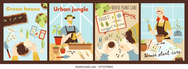 Set of cards or posters dedicated to houseplanting and green house concept with cartoon characters of people taking care of plants, flat vector illustration.