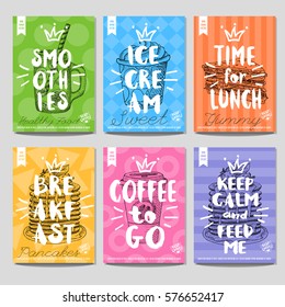 Set of cards, posters. Food, smoothies, ice cream, sweet, time for lunch, breakfast, coffee, feed me, pancakes, sandwich, crown. Lettering, retro background. Sketch style, hand drawn vector.