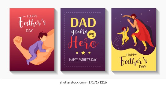 Set of cards or posters for Happy Father's Day. Sleeping baby and dad with a red blanket as in a superhero cloak, cute phrase for Dad and child sitting on dad's strong arm. A4 vector illustrations.